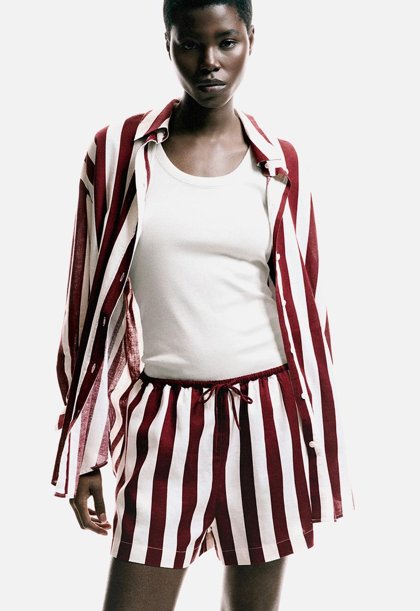 H&M - Oversized linen-blend shirt - dark red/striped