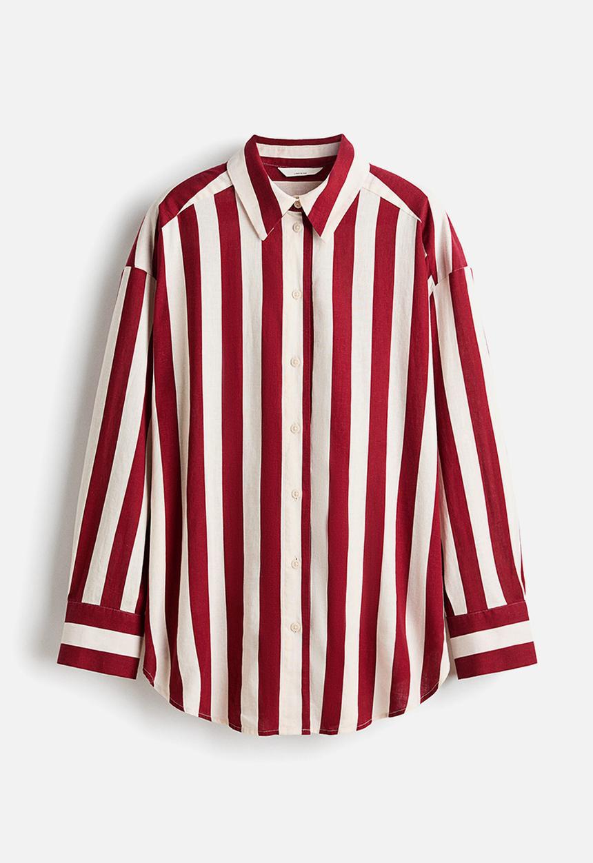 H&M - Oversized linen-blend shirt - dark red/striped