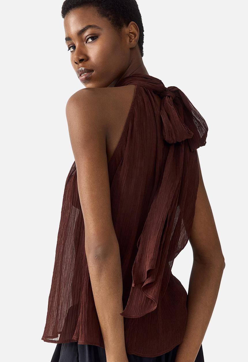 H&M - Scarf-collar chiffon top - dark brown