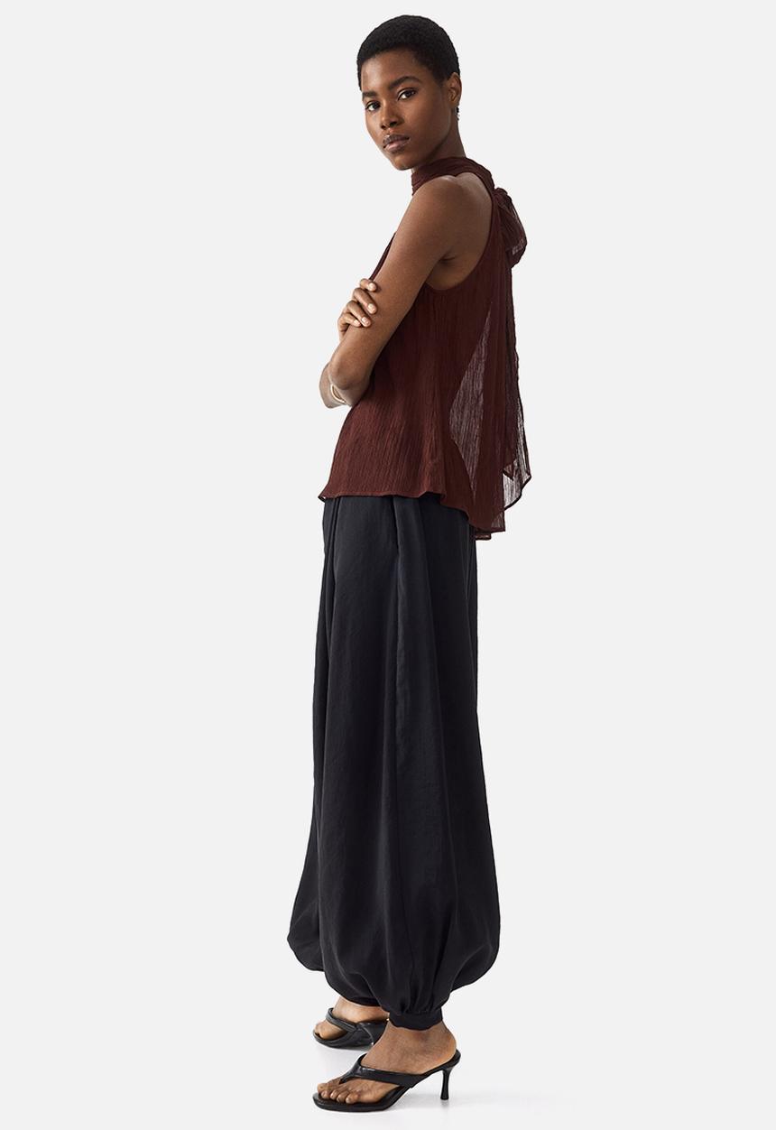 H&M - Scarf-collar chiffon top - dark brown