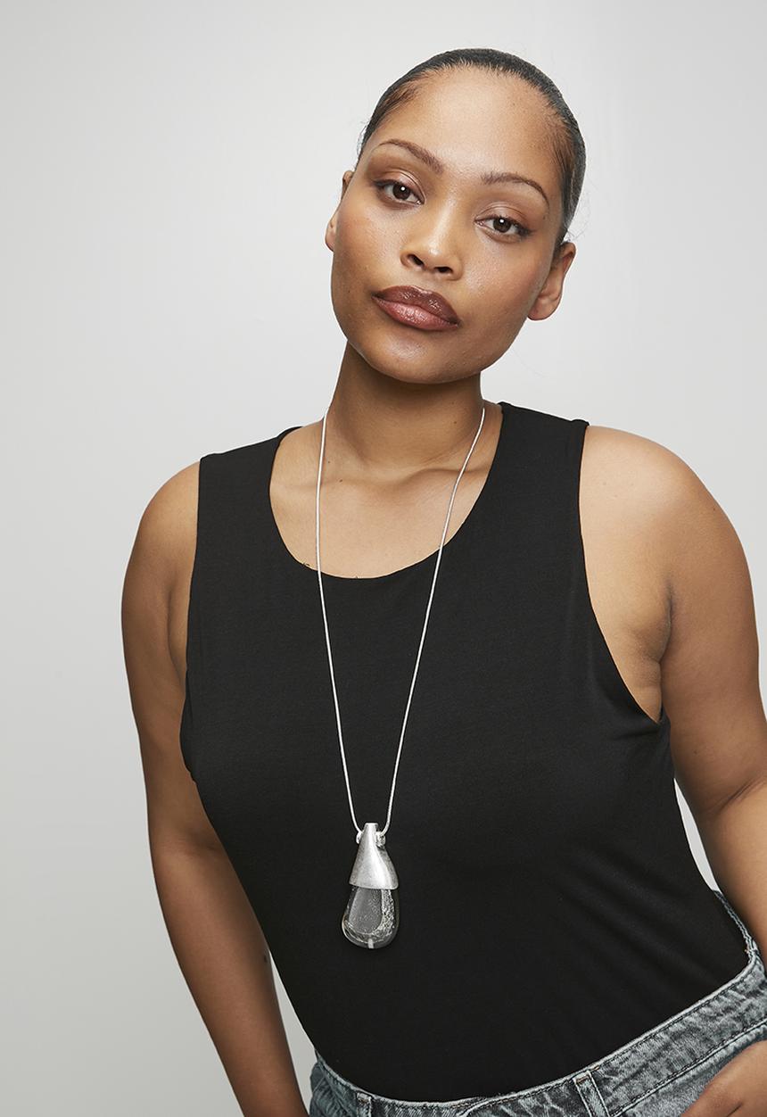 Tessa Design - Lyric Sculptural Metal Pendant Cord Necklace - Silver