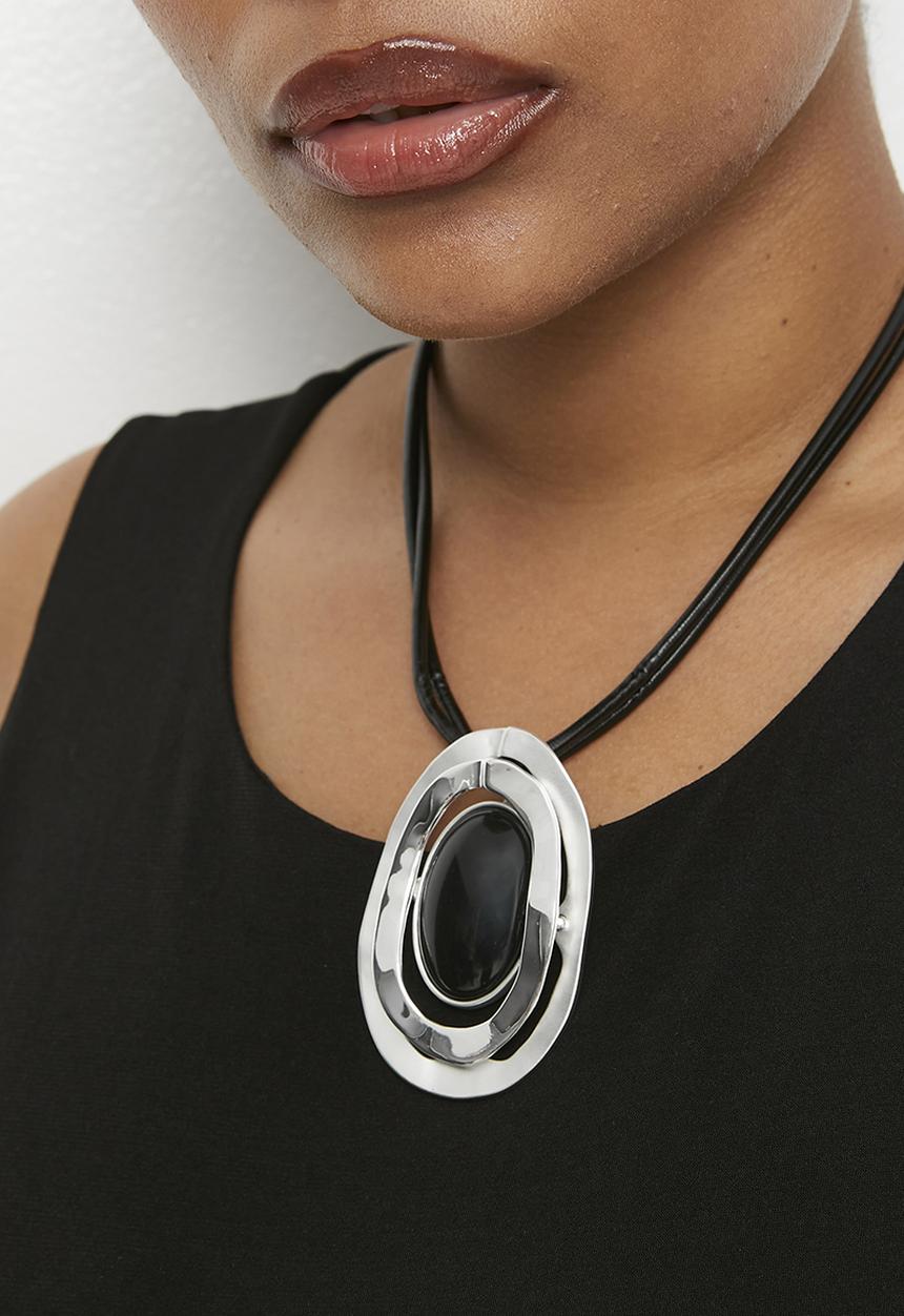 Tessa Design - Mabel Two Tone Sculptural Cord Pendant Necklace - Silver/Black