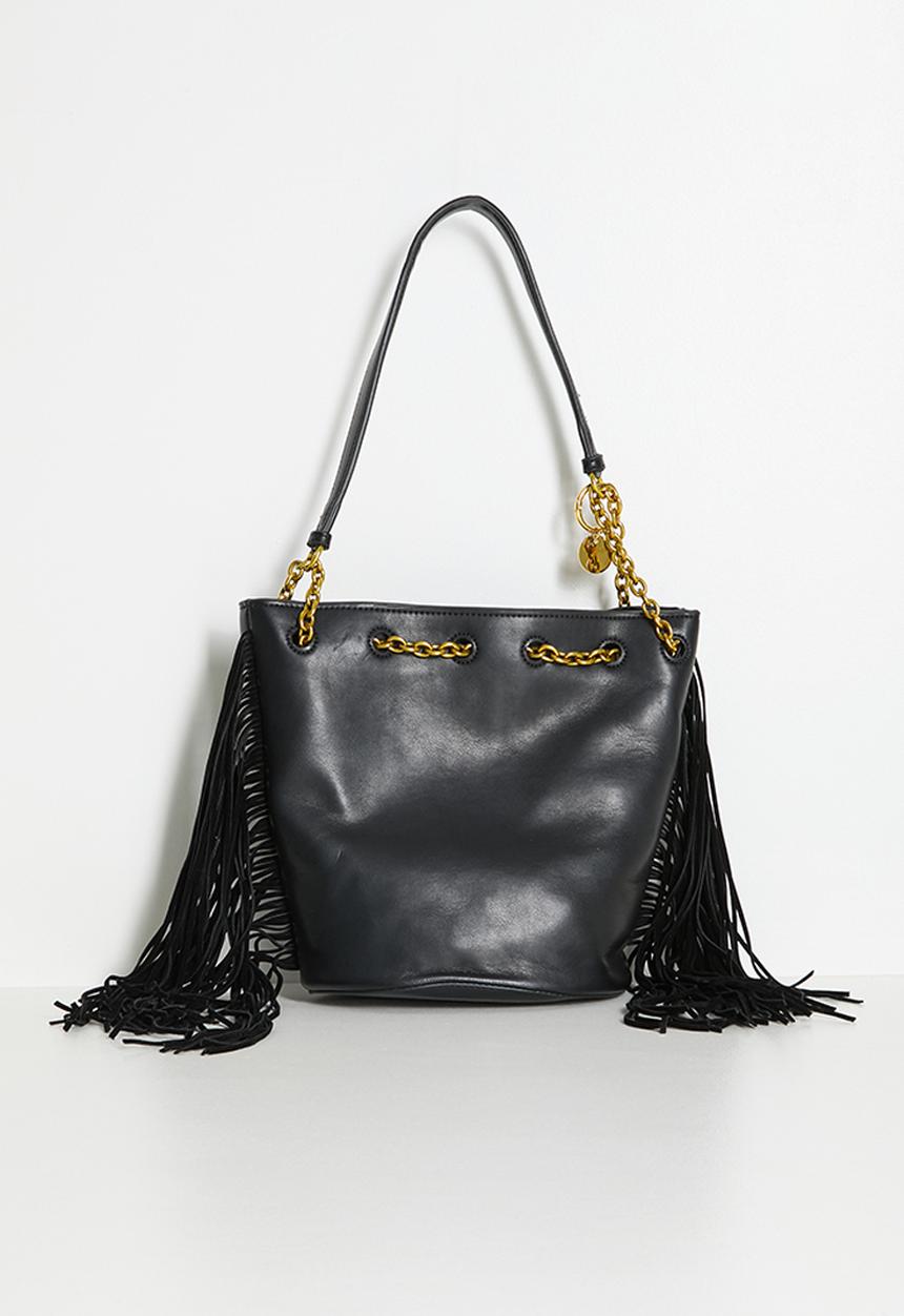 Tessa Design - Vale Fringed Bucket Bag With Chain Strap - Black