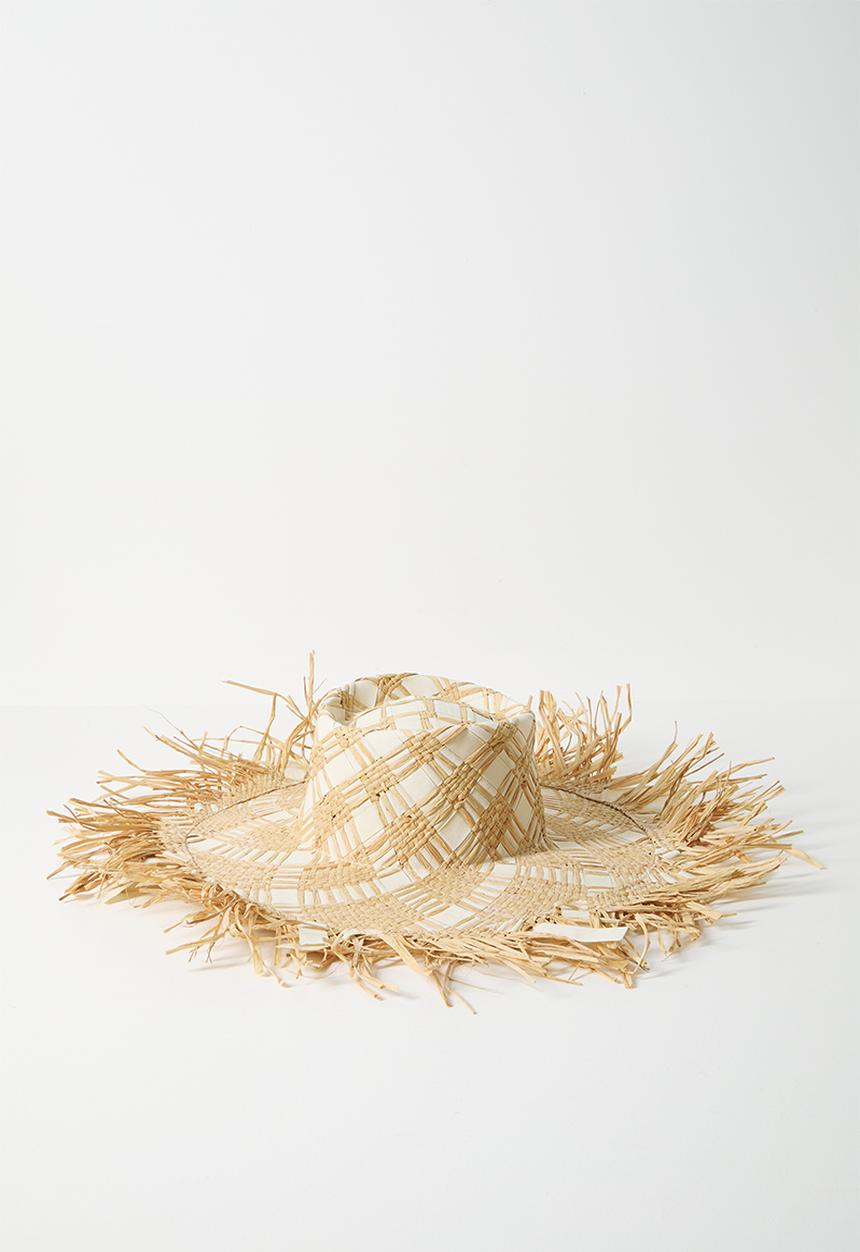 Tessa Design - Raya Two Tone Frayed Edge Wide Brim Sun Hat - Natural/White
