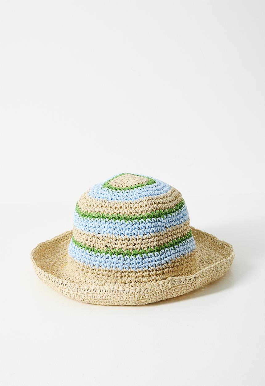 Tessa Design - Priya Woven Straw Striped Bucket - Natural/Blue/Green