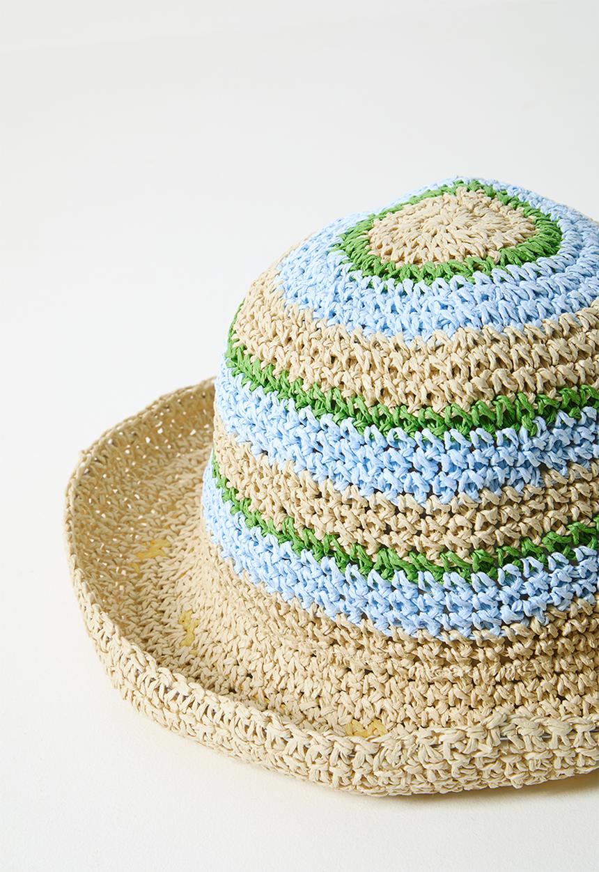 Tessa Design - Priya Woven Straw Striped Bucket - Natural/Blue/Green