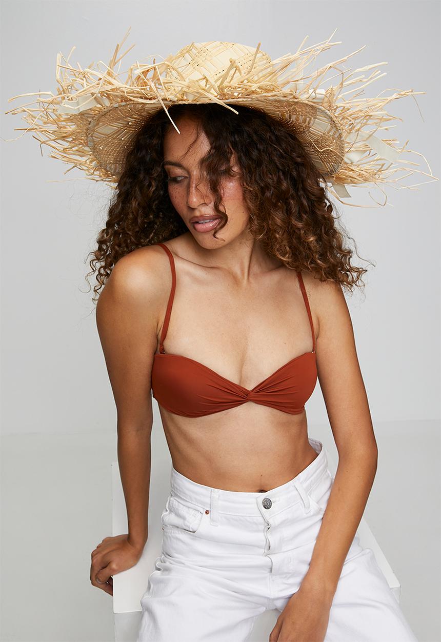 Tessa Design - Raya Two Tone Frayed Edge Wide Brim Sun Hat - Natural/White