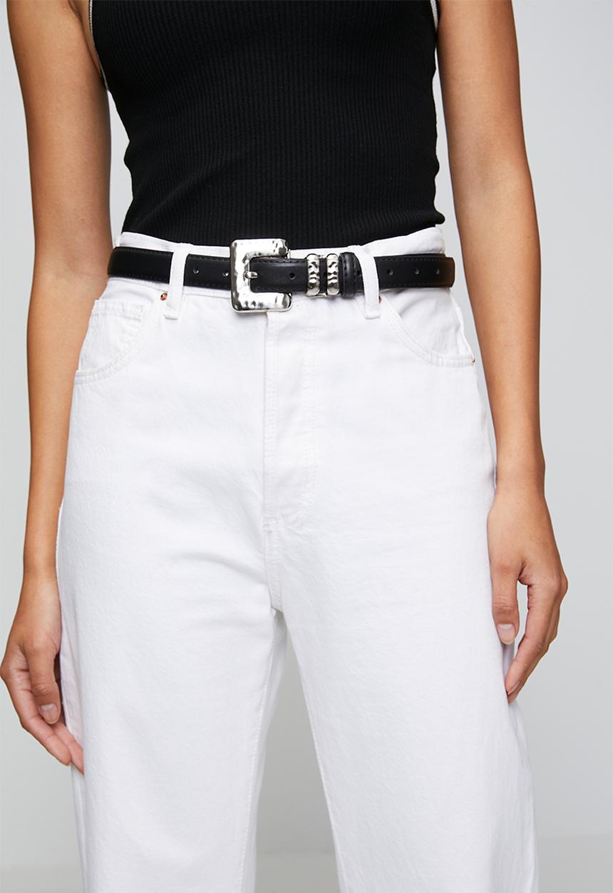 Tessa Design - Lillian Silver Textured Square Buckle Slim Belt - Black