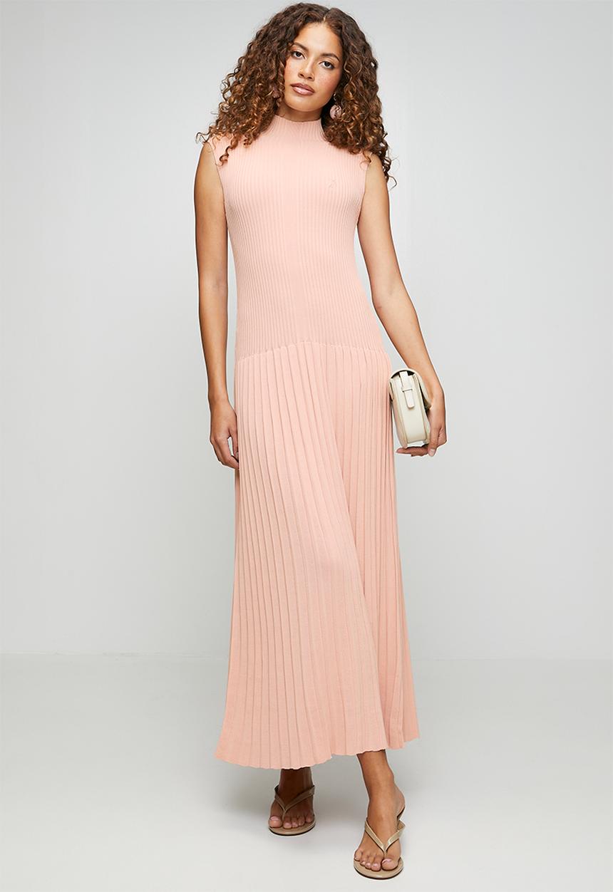 POLO - Wmn Olivia Pleated Ribbed High-Neck Maxi Dress - Blush