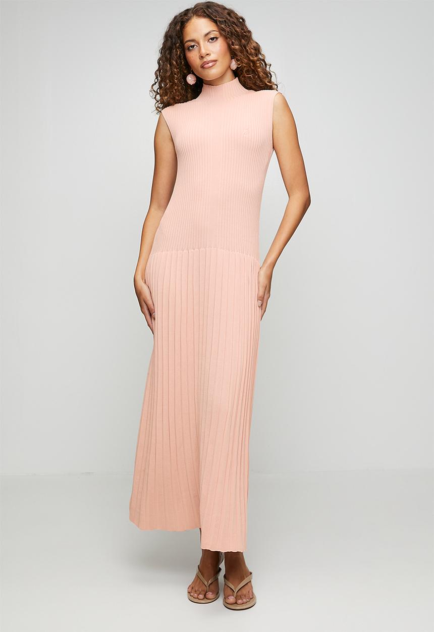POLO - Wmn Olivia Pleated Ribbed High-Neck Maxi Dress - Blush
