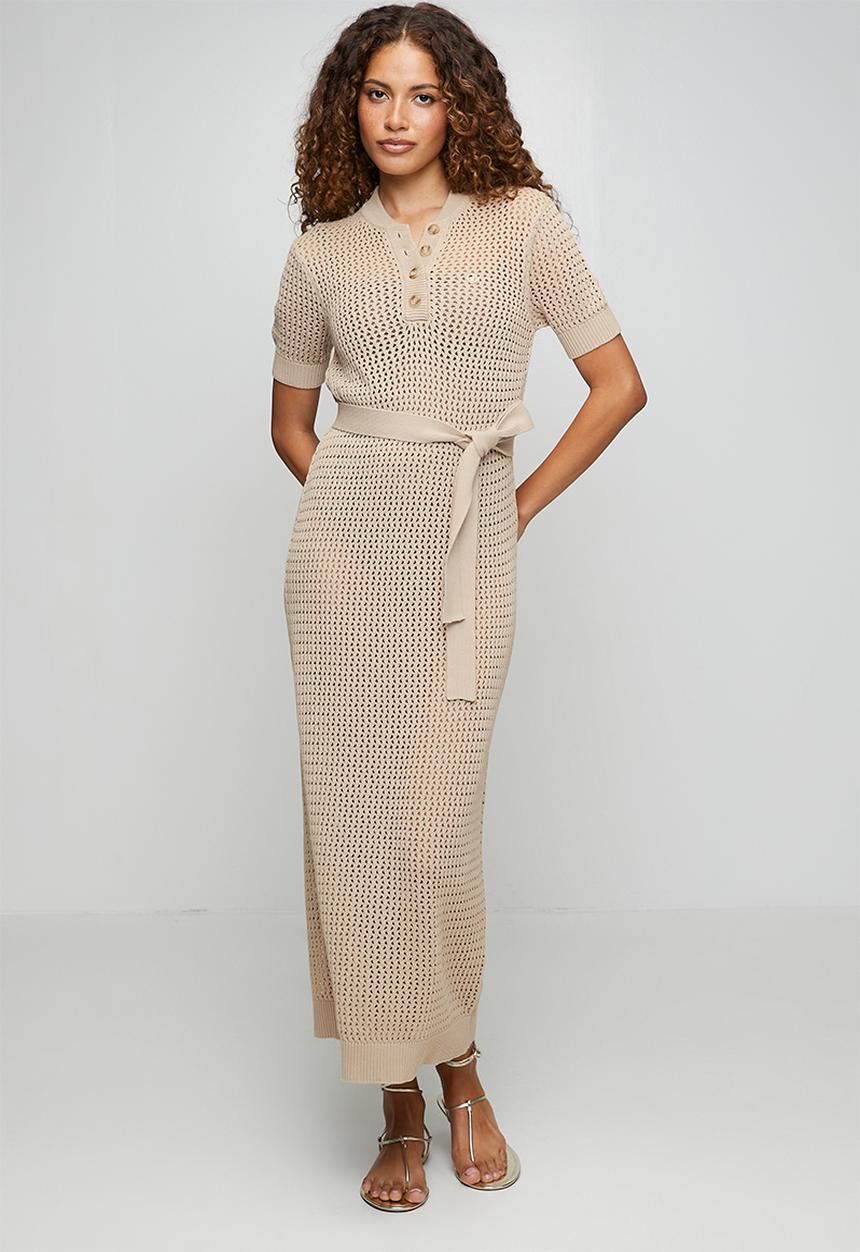 POLO - Wmn Thandiwe Ss Resort Knit Dress - Mushroom