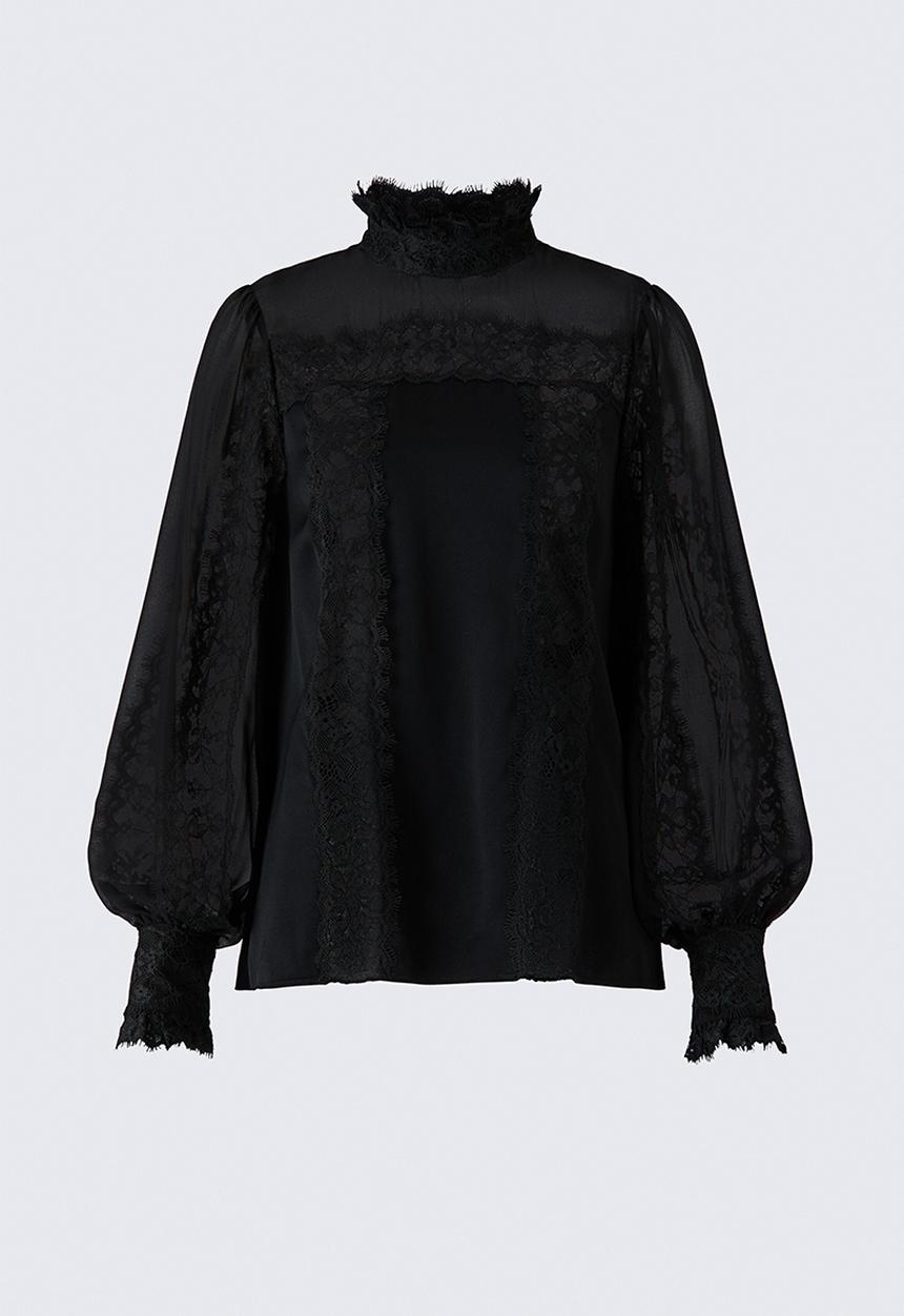 H&M - ELIE SAAB H&M: Lace-trimmed puff-sleeved blouse - black