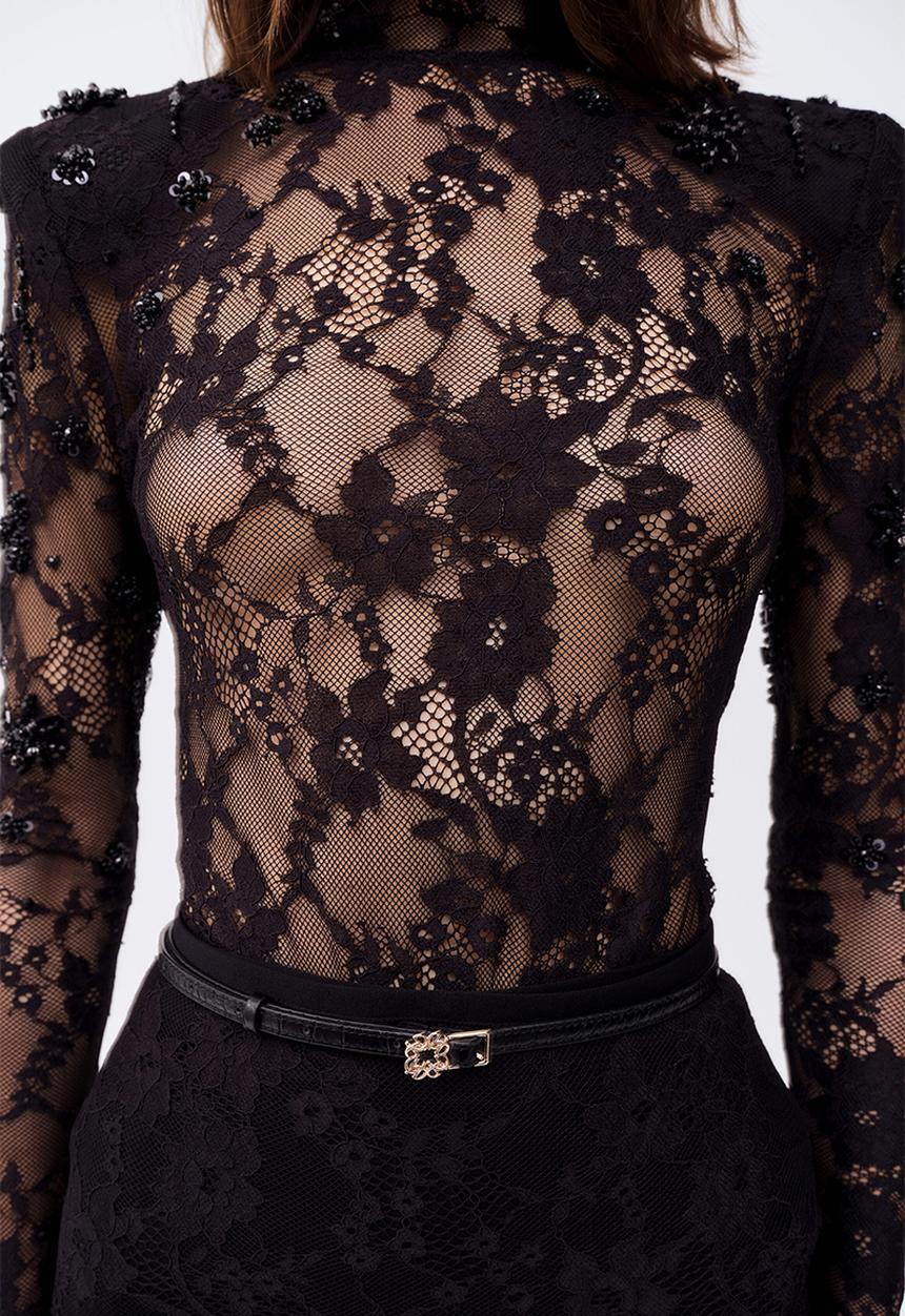 H&M - ELIE SAAB H&M: Embellished shoulder-pad lace top - black