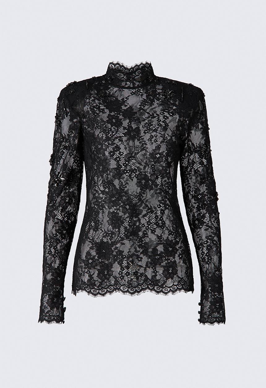 H&M - ELIE SAAB H&M: Embellished shoulder-pad lace top - black