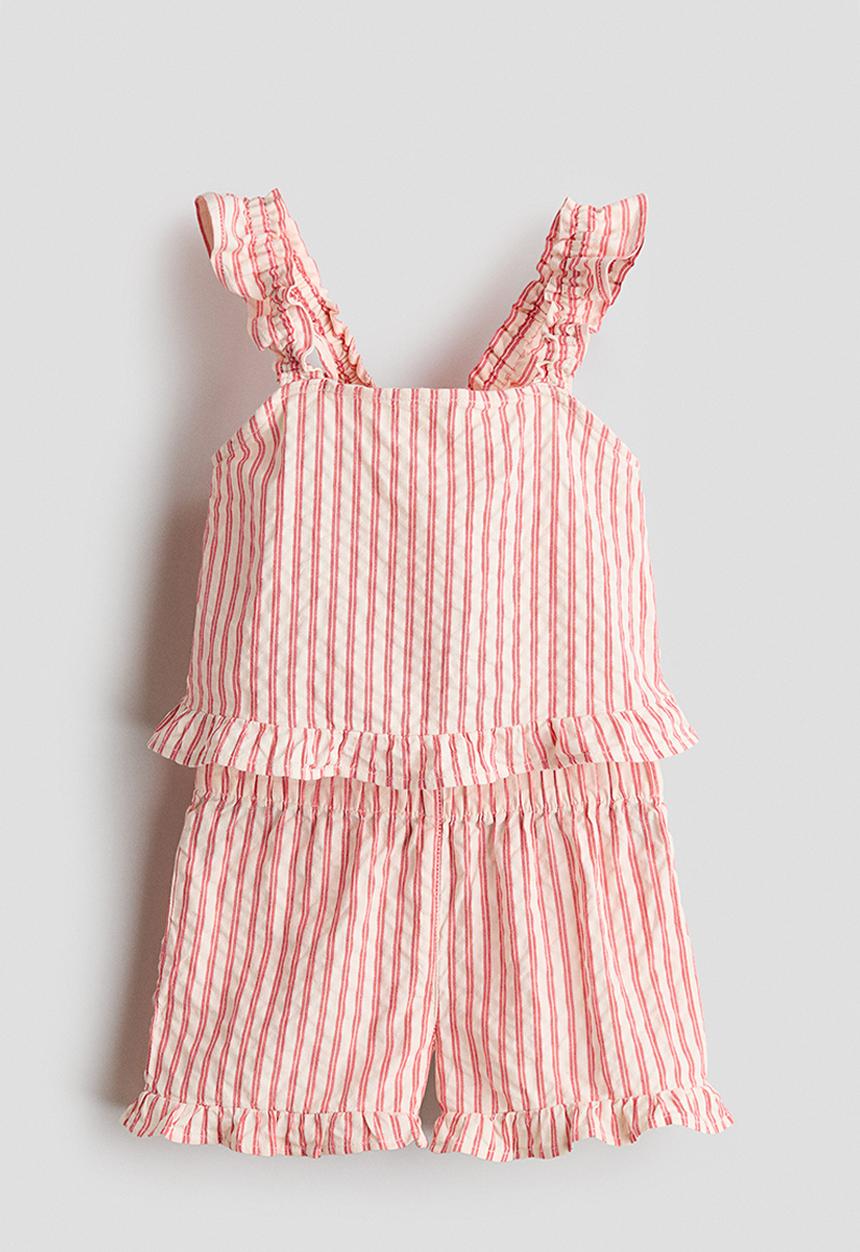 H&M - 2-piece frill-trimmed cotton set - red/beige striped