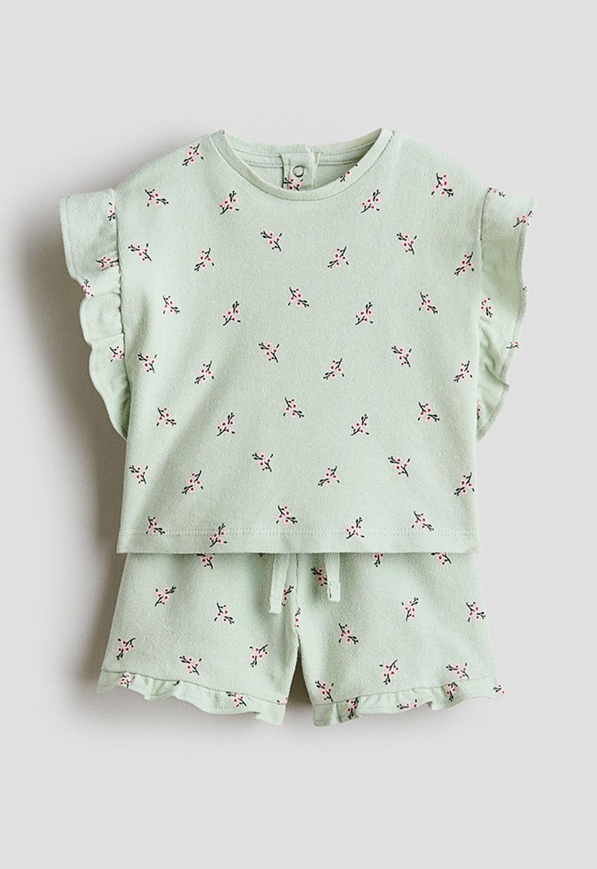 H&M - 2-piece patterned cotton set - light green/flowers