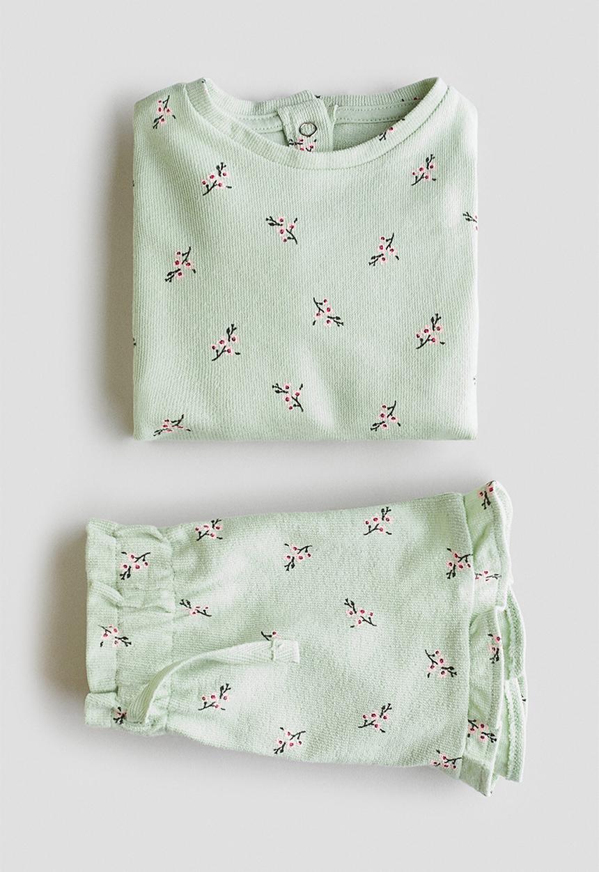 H&M - 2-piece patterned cotton set - light green/flowers