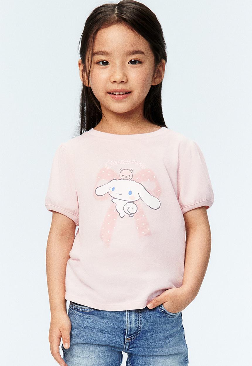 H&M - Printed puff-sleeved t-shirt - light pink/cinnamoroll