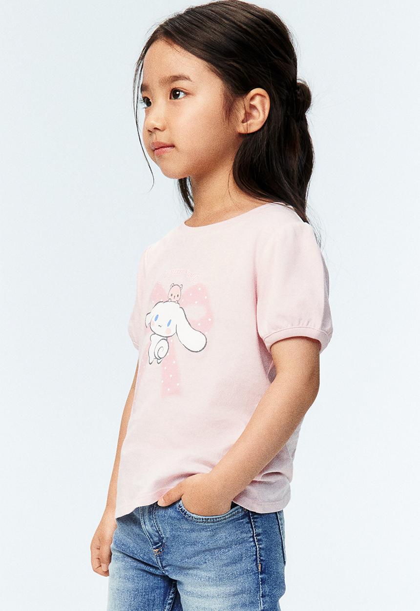 H&M - Printed puff-sleeved t-shirt - light pink/cinnamoroll