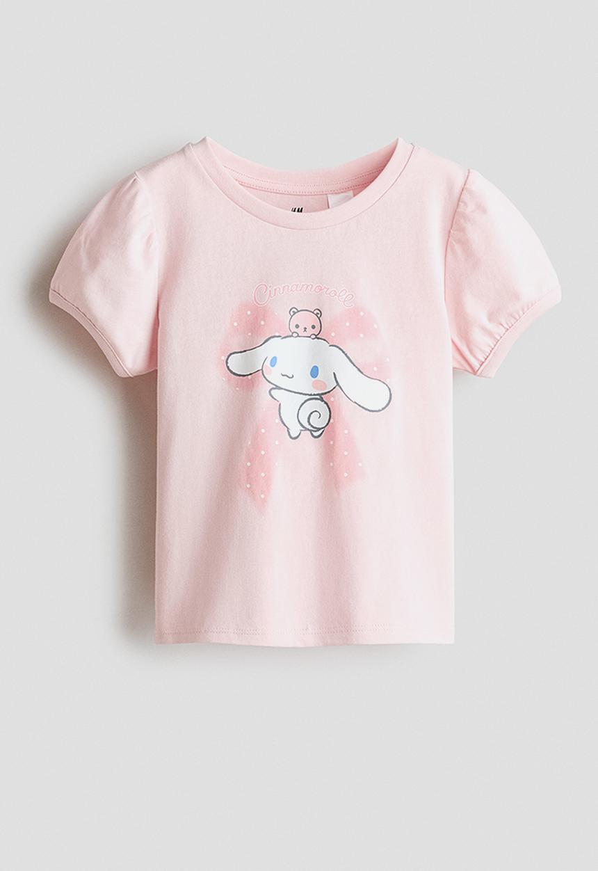 H&M - Printed puff-sleeved t-shirt - light pink/cinnamoroll