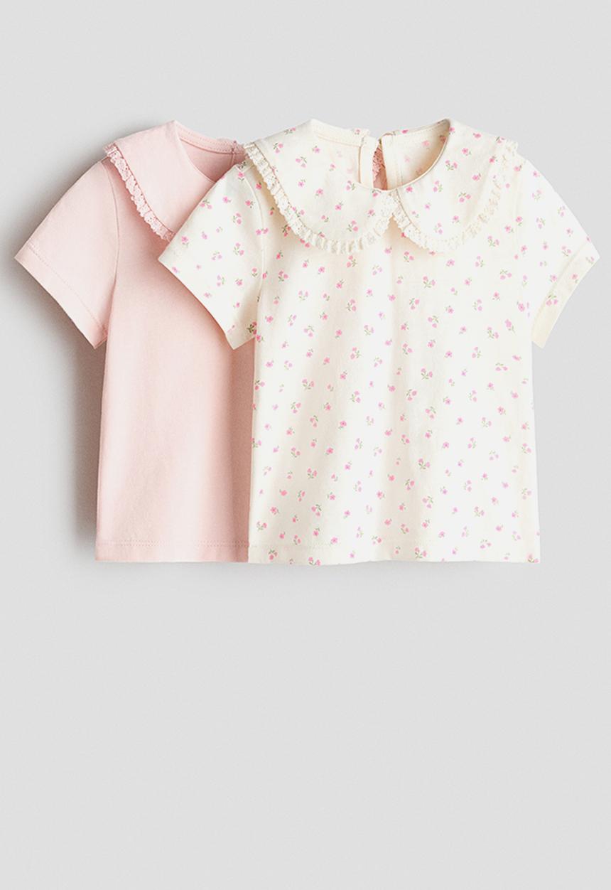 H&M - 2-pack collared cotton tops - light pink/floral