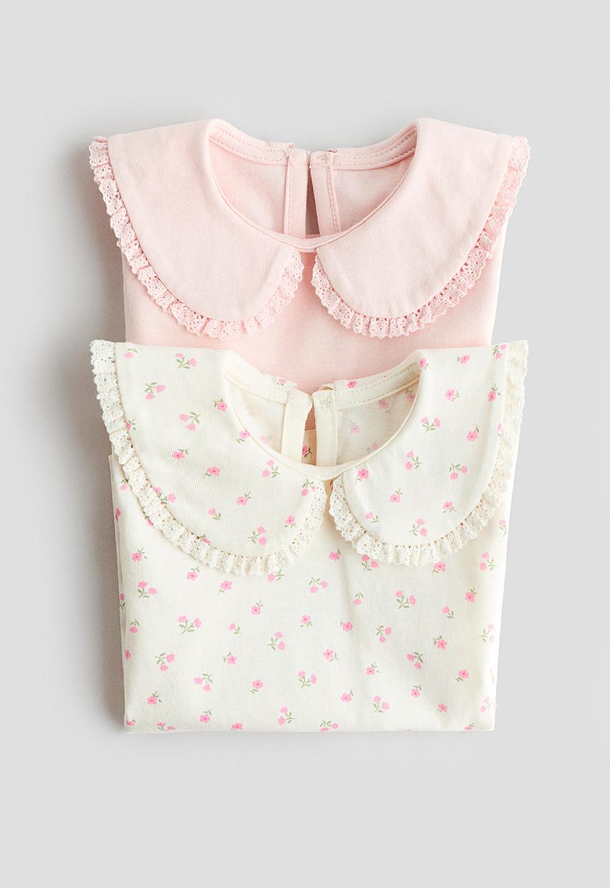 H&M - 2-pack collared cotton tops - light pink/floral
