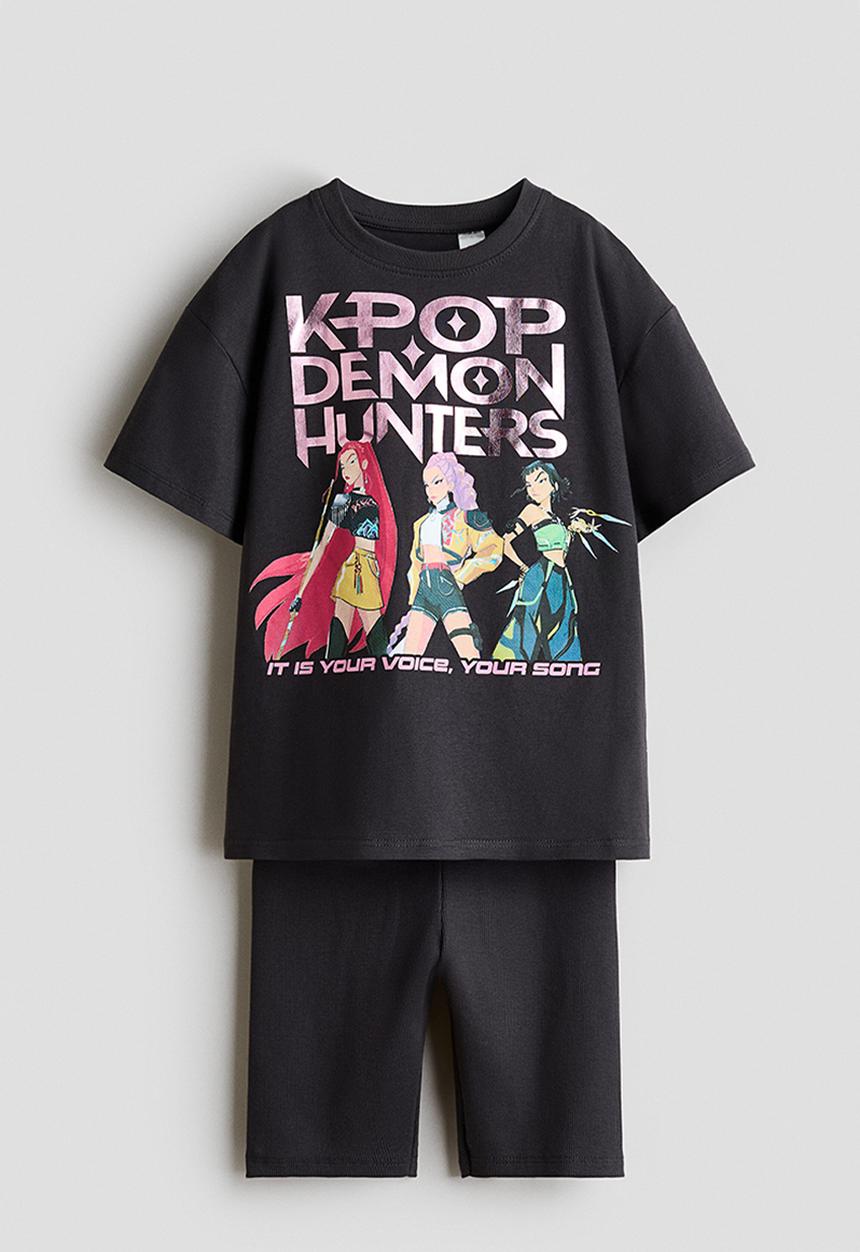 H&M - 2-Piece printed cotton set - dark grey/kpop demon hunters