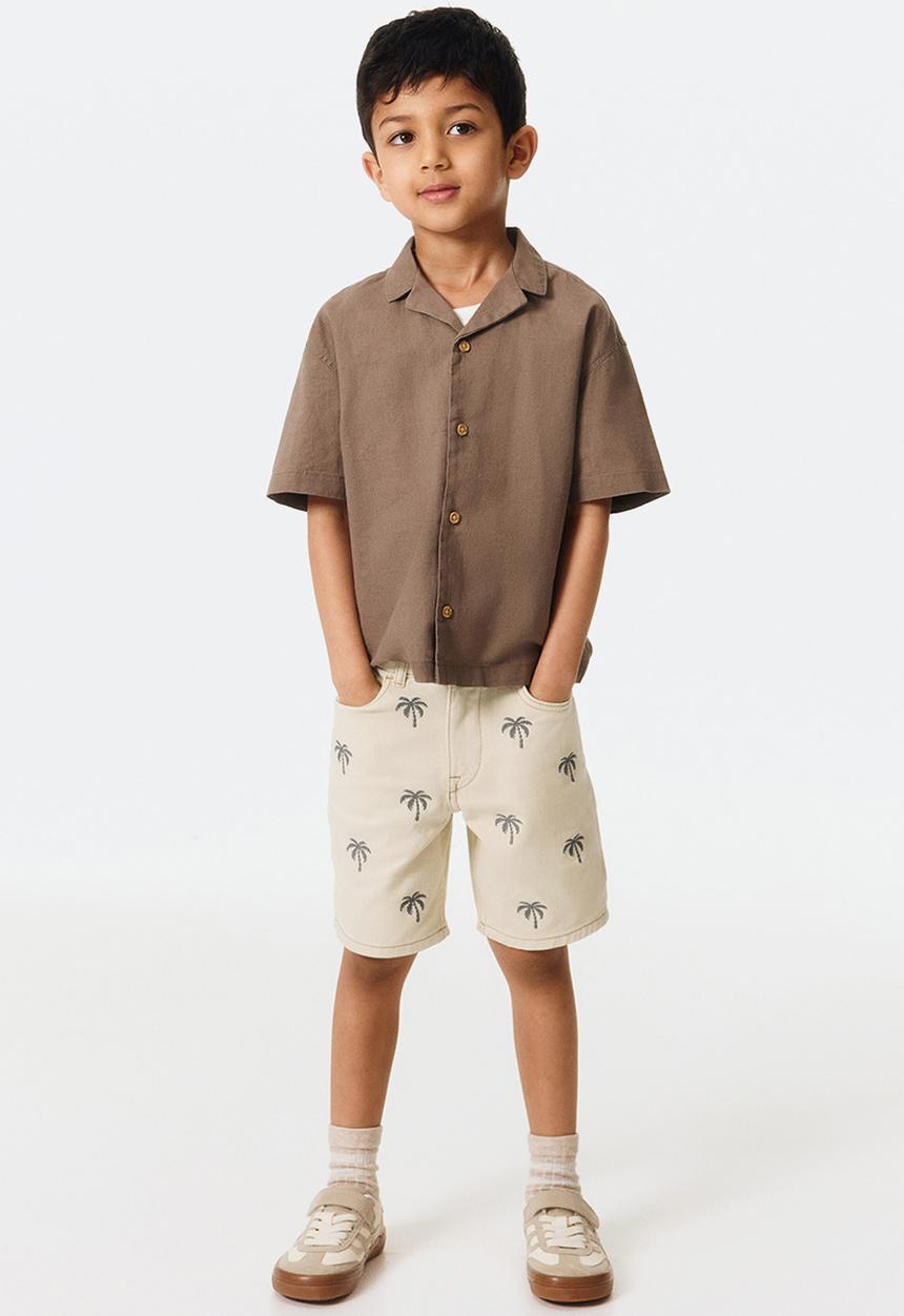 H&M - Embroidered twill shorts - light beige/palm trees