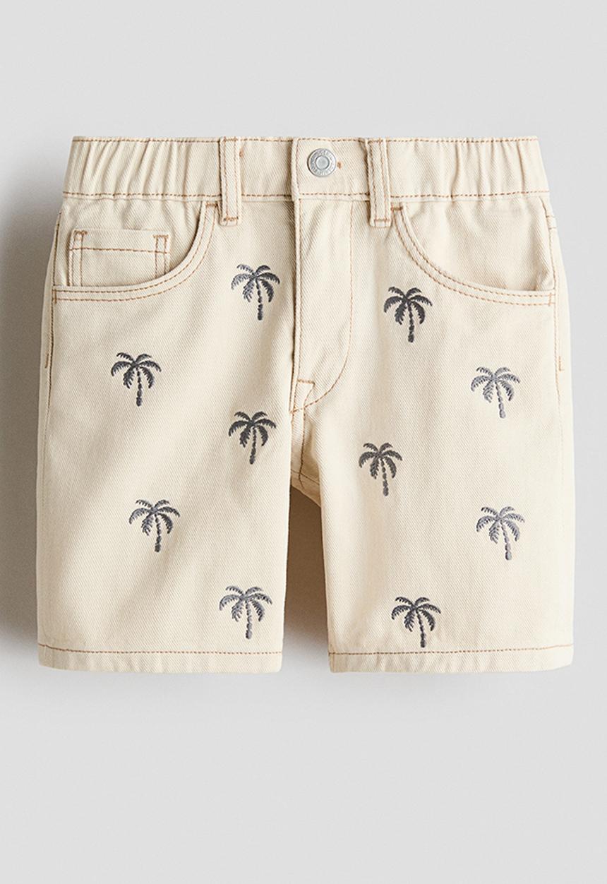 H&M - Embroidered twill shorts - light beige/palm trees