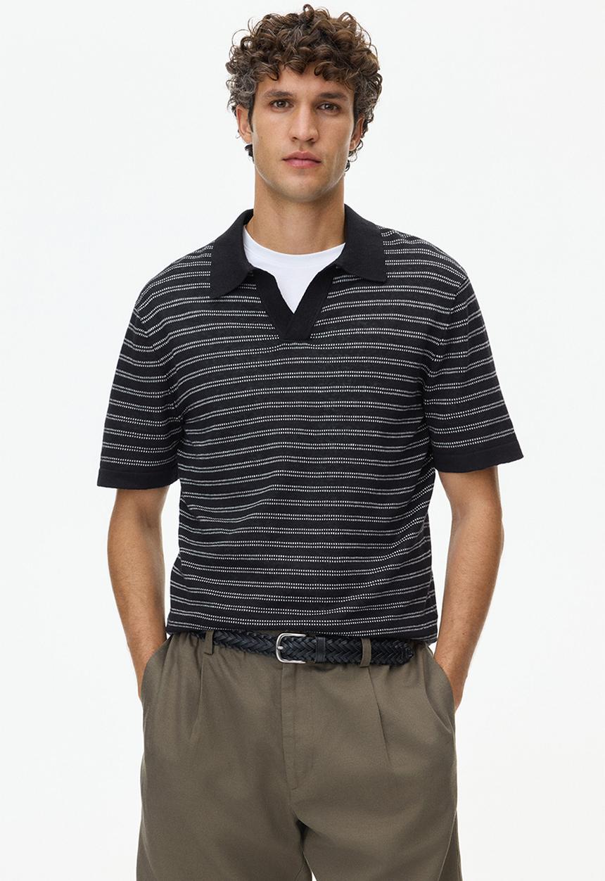 H&M - Regular fit linen-blend polo shirt - black/striped