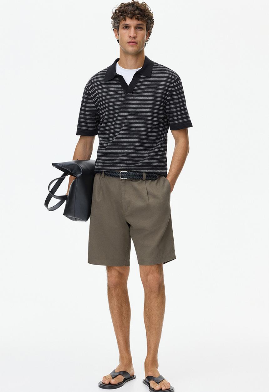 H&M - Regular fit linen-blend polo shirt - black/striped