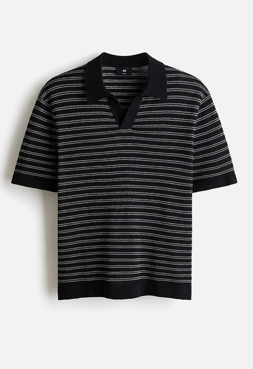 H&M - Regular fit linen-blend polo shirt - black/striped
