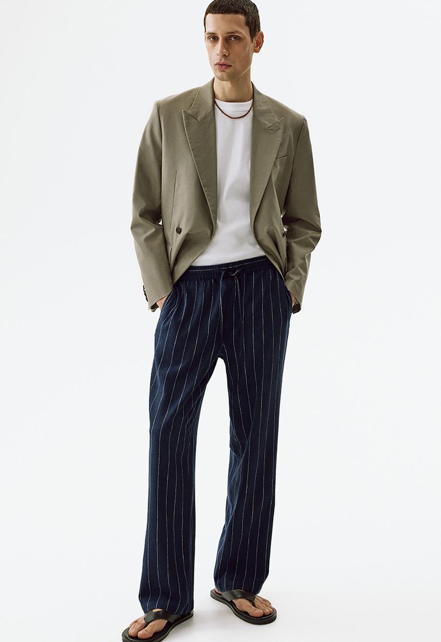 H&M - Relaxed fit linen-blend trousers - navy blue/striped