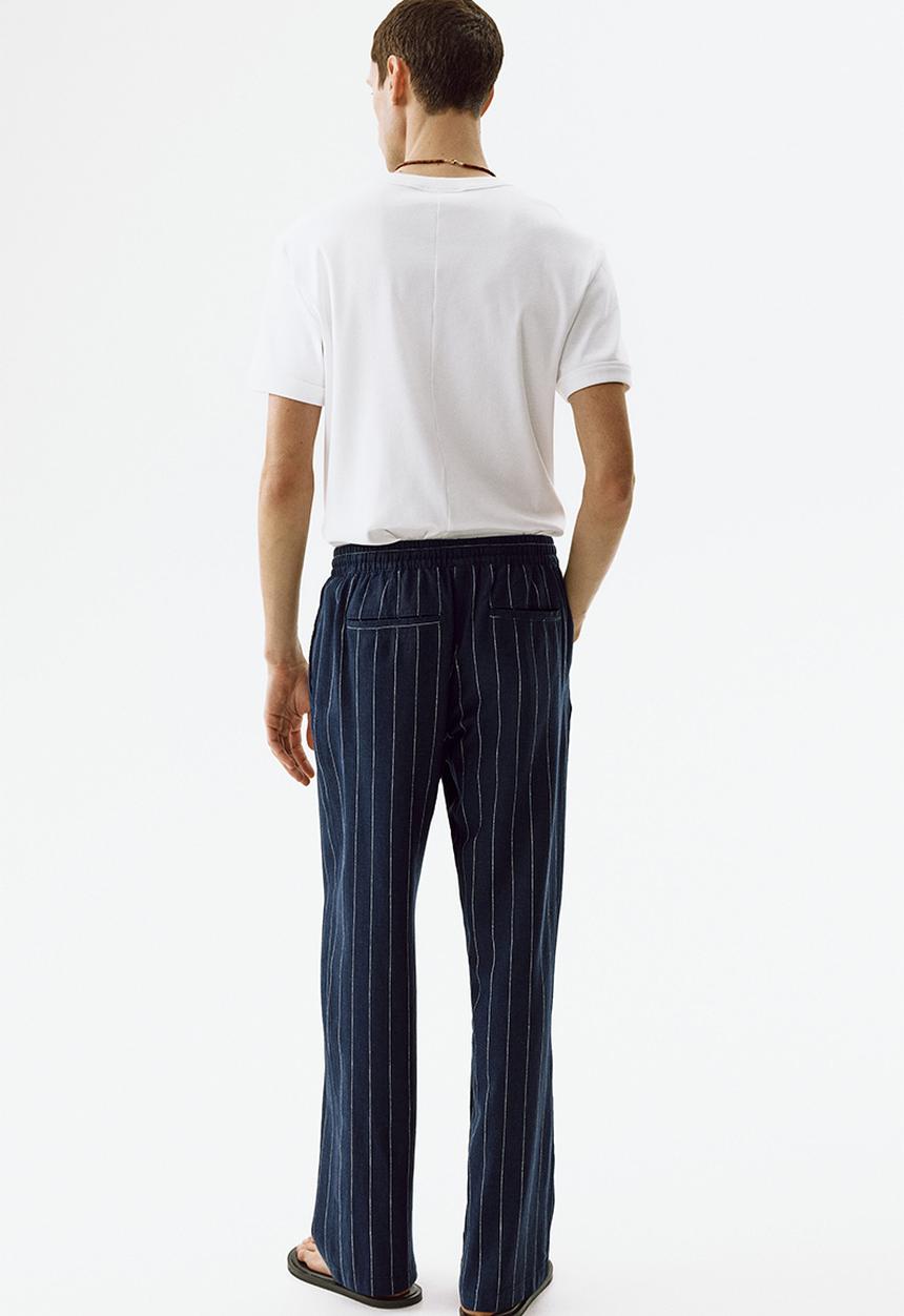 H&M - Relaxed fit linen-blend trousers - navy blue/striped