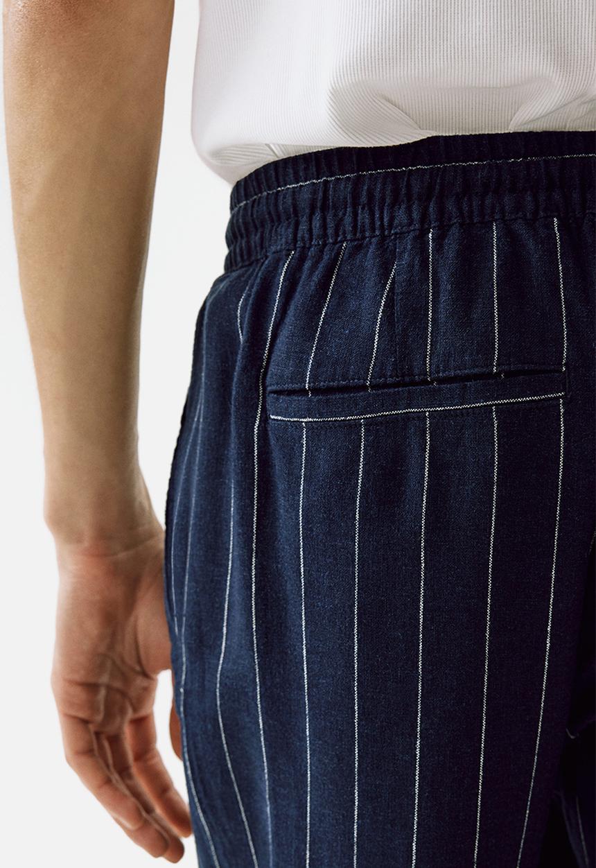H&M - Relaxed fit linen-blend trousers - navy blue/striped