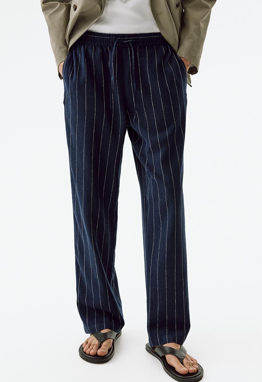 H&M - Relaxed fit linen-blend trousers - navy blue/striped