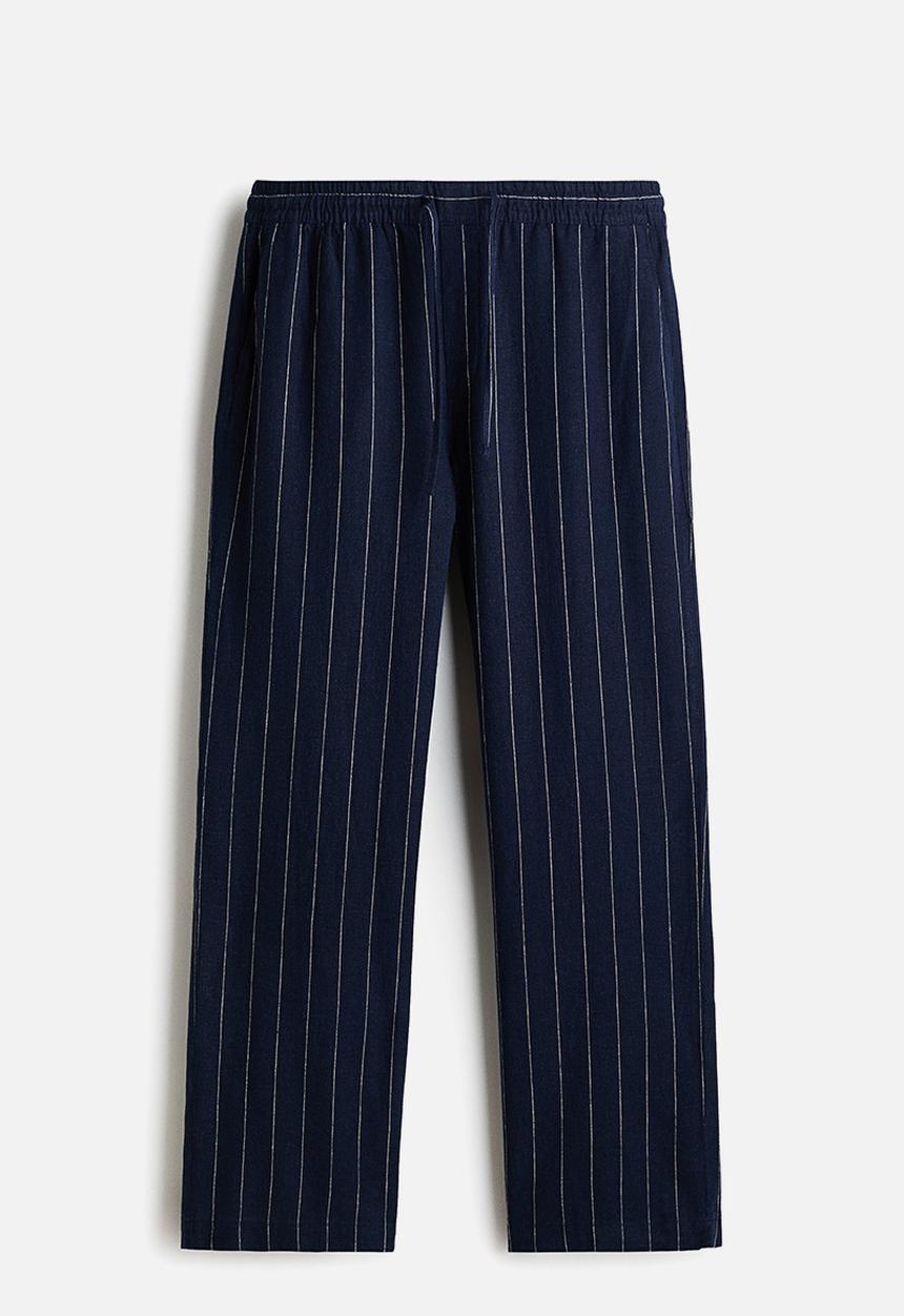 H&M - Relaxed fit linen-blend trousers - navy blue/striped