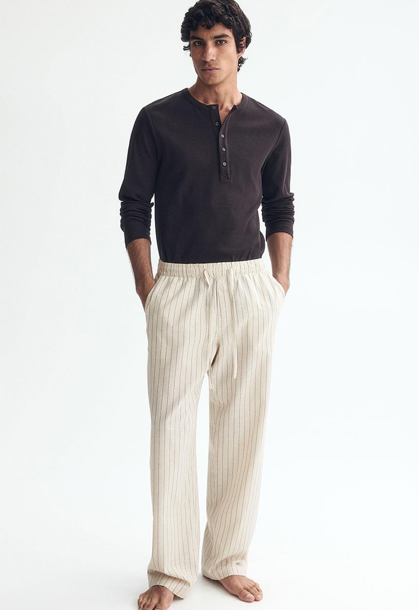 H&M - Relaxed fit linen-blend trousers - beige/striped