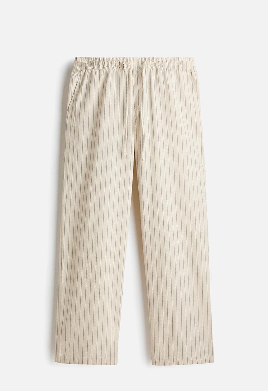 H&M - Relaxed fit linen-blend trousers - beige/striped