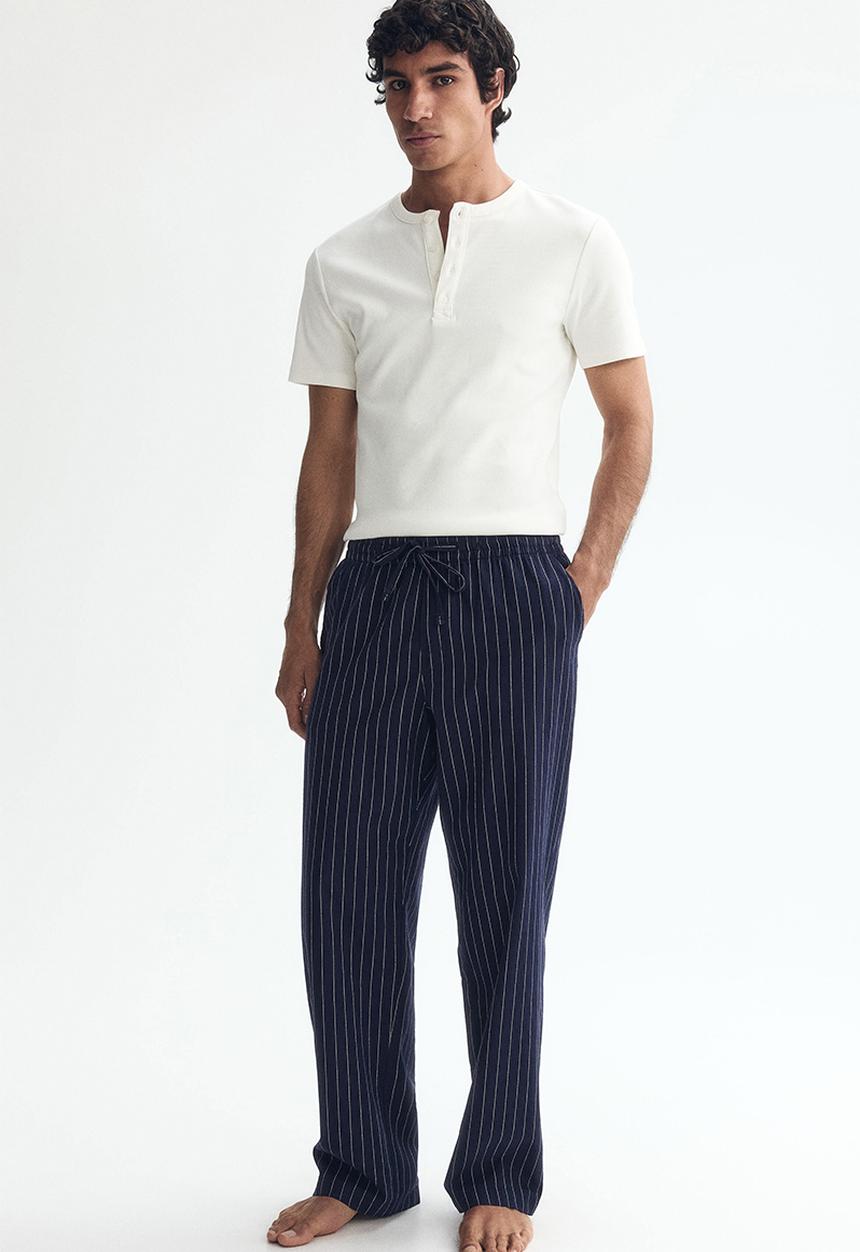H&M - Relaxed fit linen-blend trousers - navy blue/striped