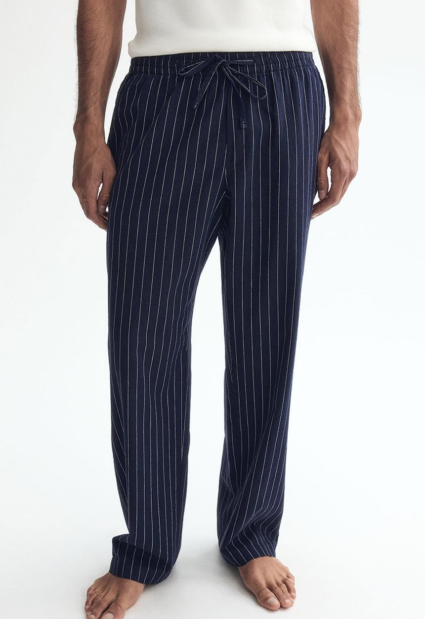 H&M - Relaxed fit linen-blend trousers - navy blue/striped