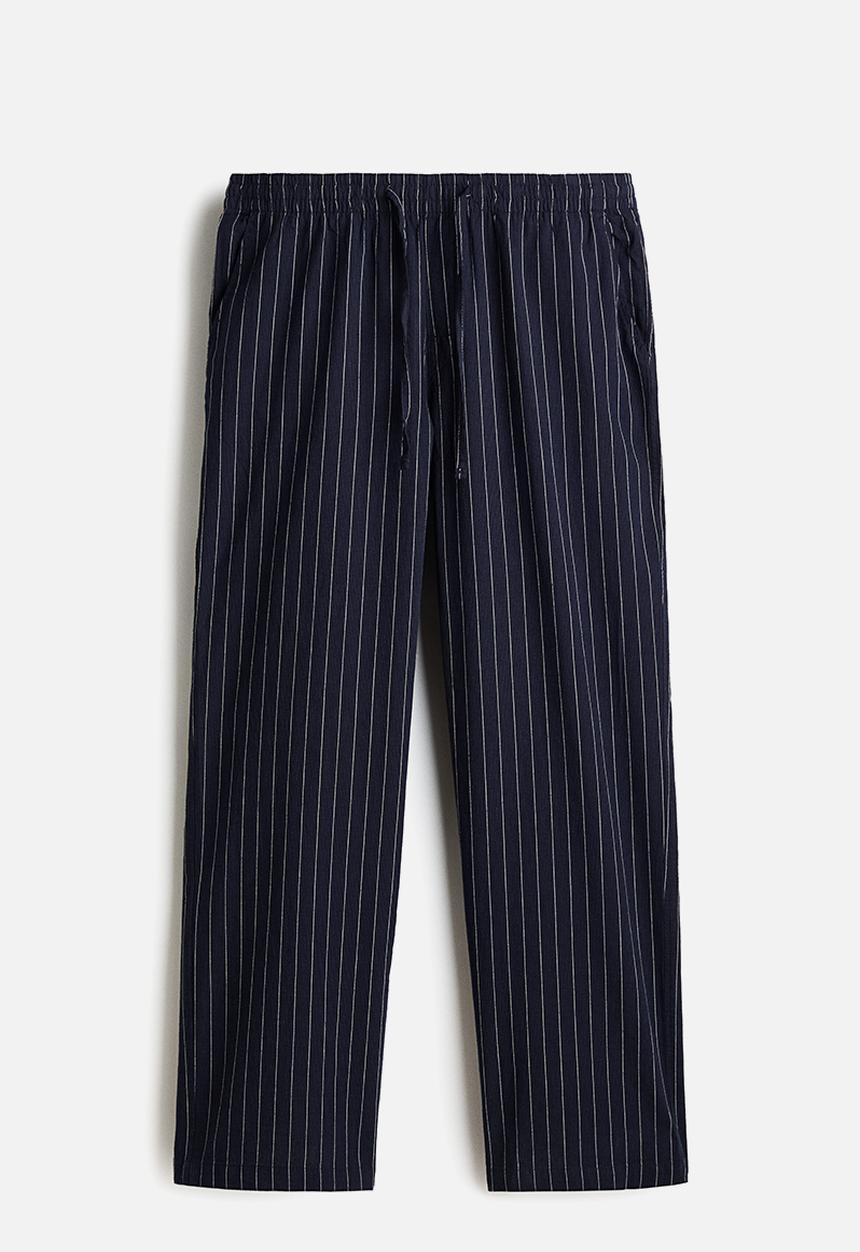 H&M - Relaxed fit linen-blend trousers - navy blue/striped