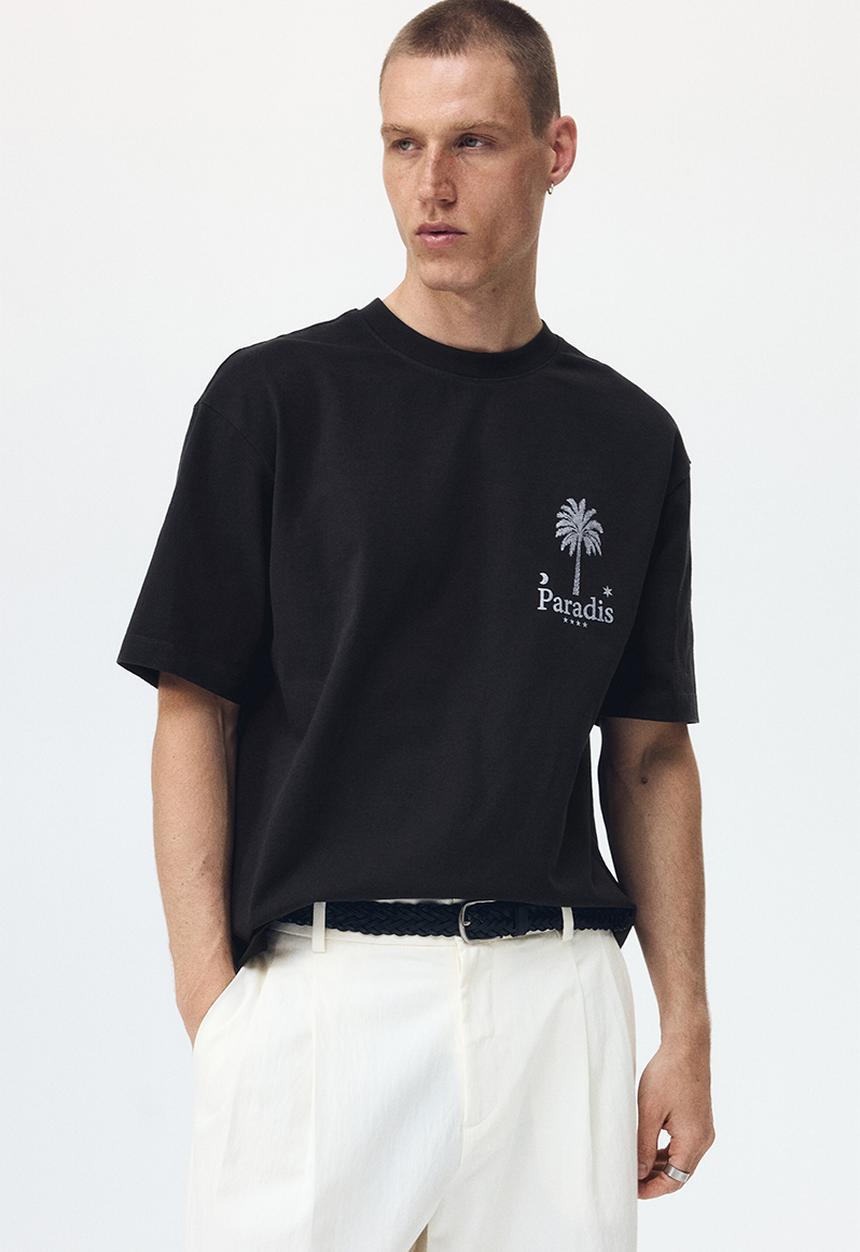 H&M - Relaxed fit printed cotton T-shirt - black/paradis