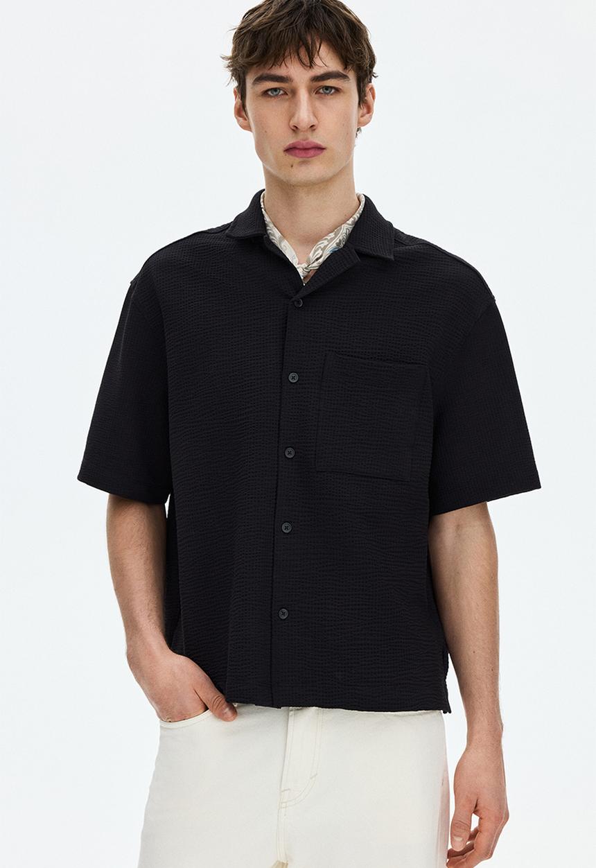 H&M - Relaxed fit waffled resort shirt - black