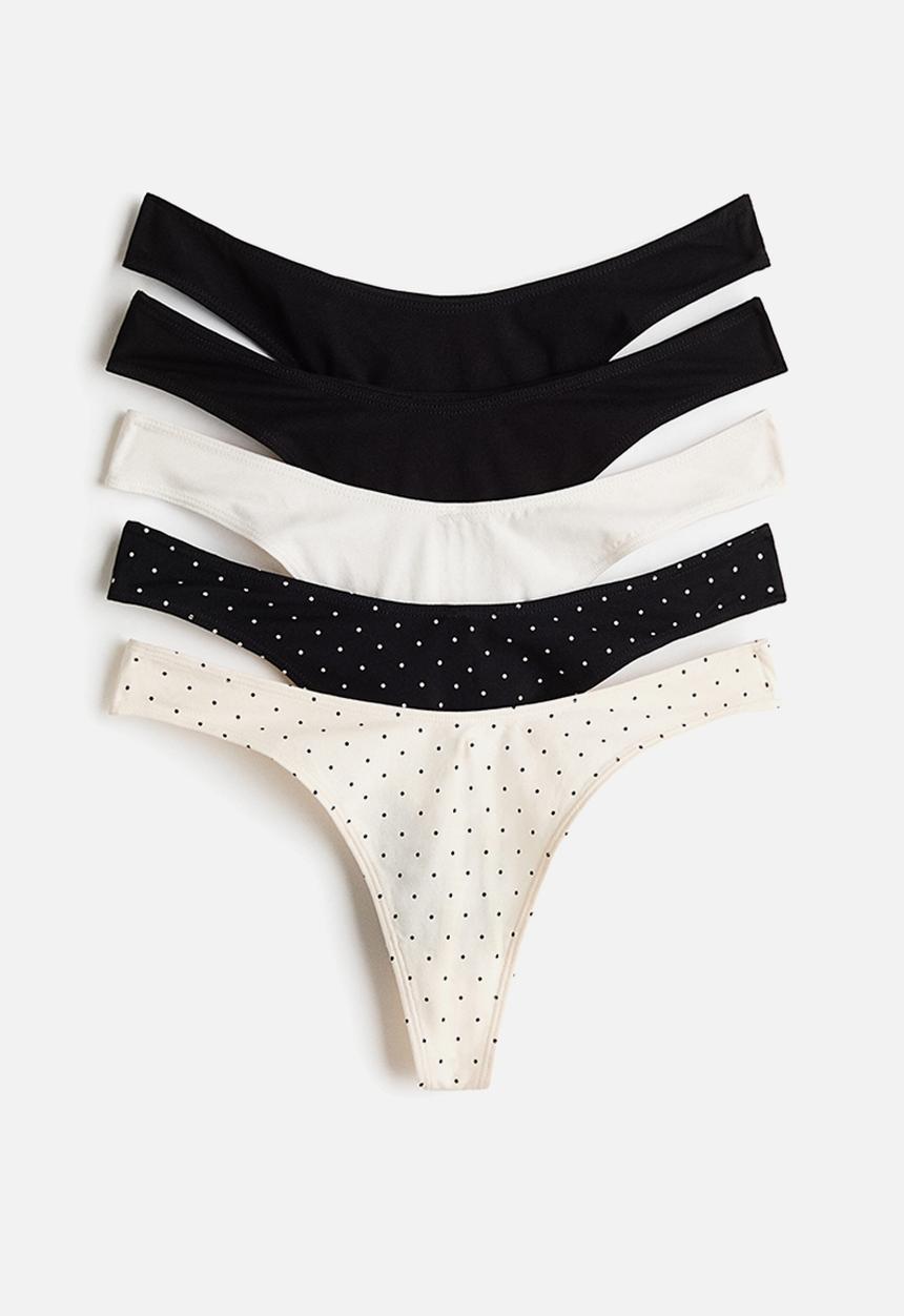 H&M - 5-pack cotton thong briefs - black/cream polka dot