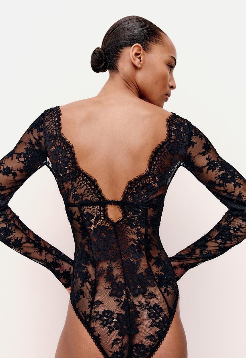H&M - Long-sleeved lace thong body - black