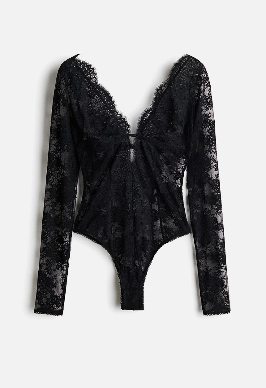 H&M - Long-sleeved lace thong body - black