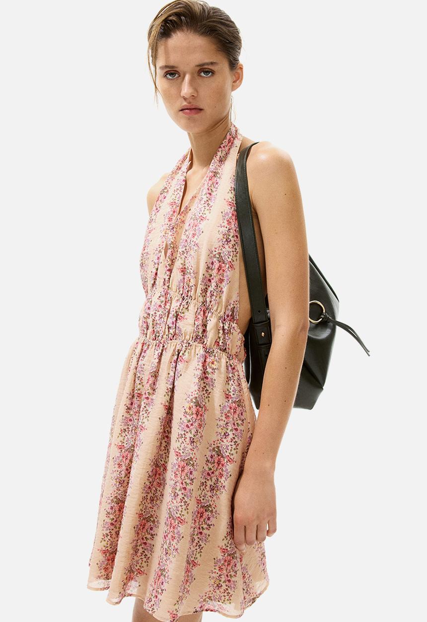 H&M - Flared-skirt halterneck dress - light dusty pink/floral
