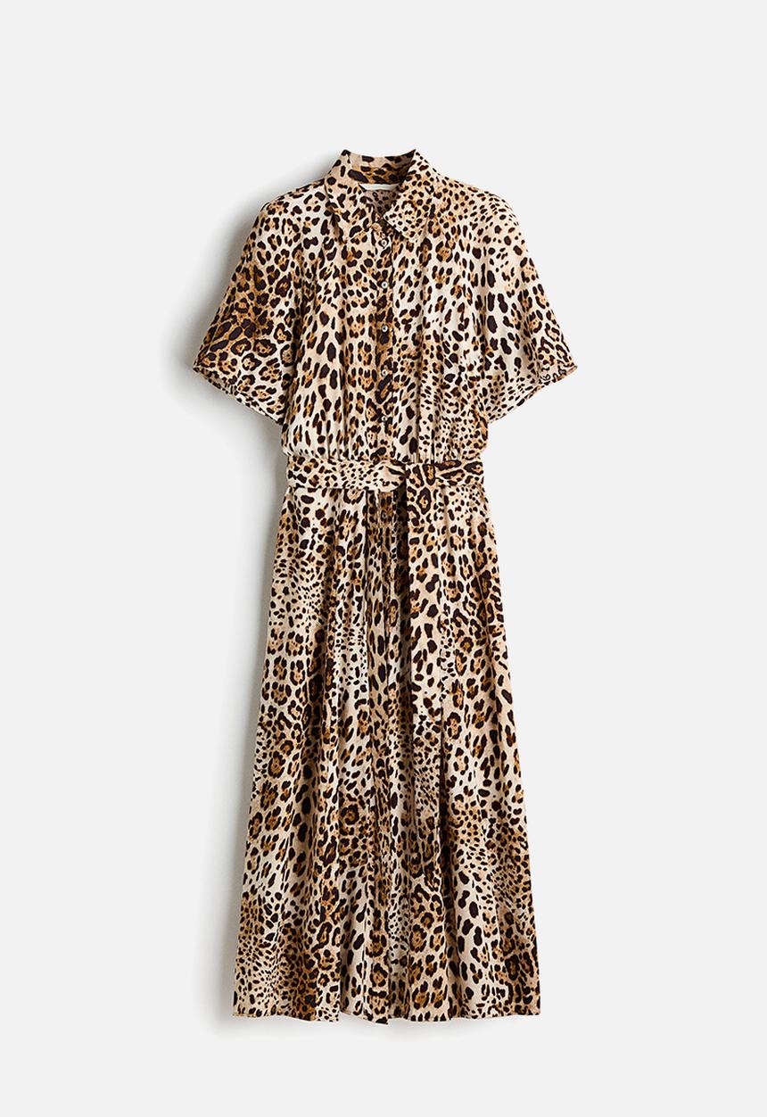H&M - Tie-belt shirt dress - light beige/leopard print