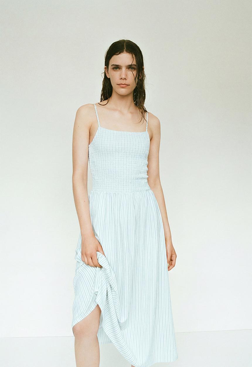 H&M - Smocked strappy dress - cream/light blue striped